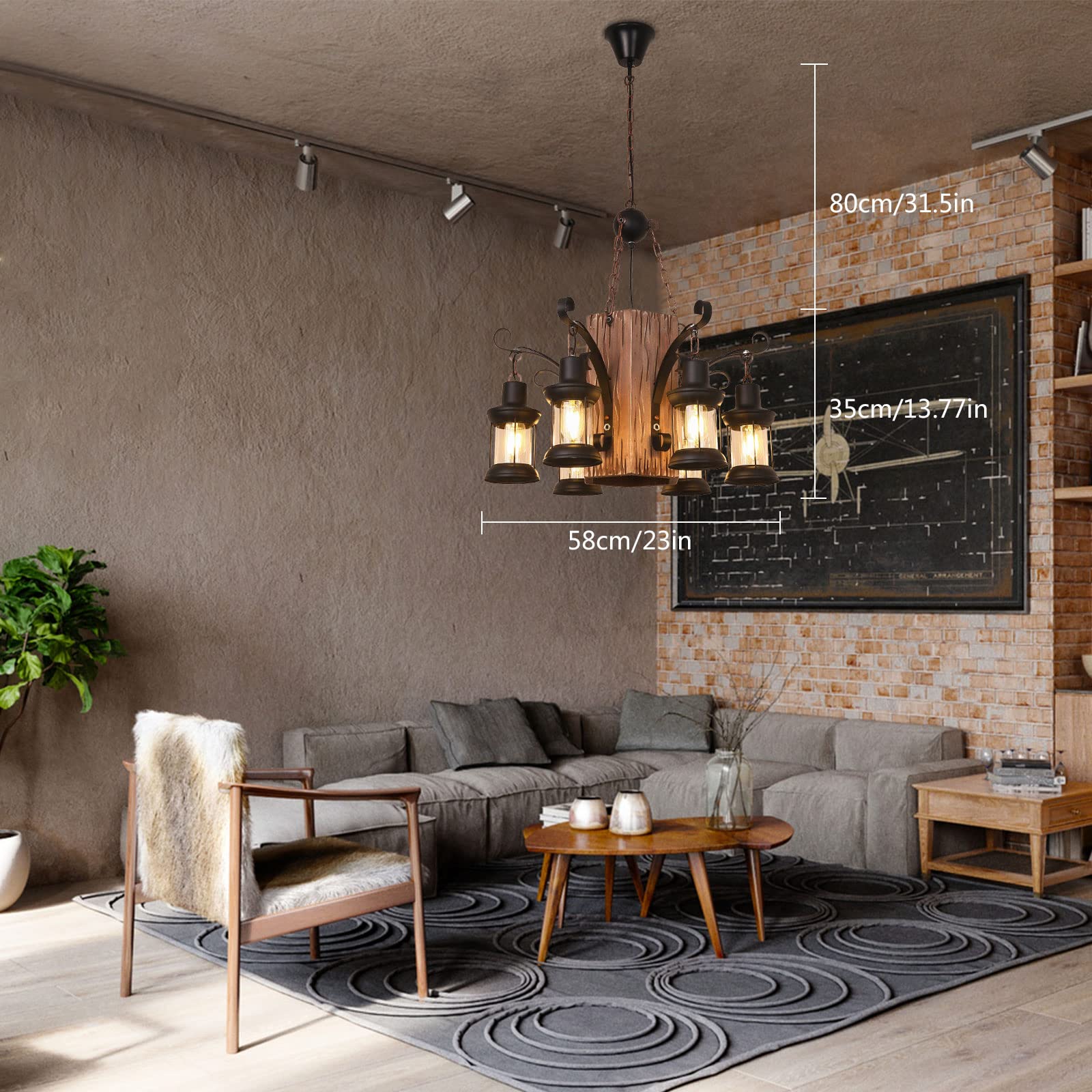 TFCFL 6-Lights Industrial Rustic Wooden Chandelier - Farmhouse Metal Pendant Light with E26 Base - 23