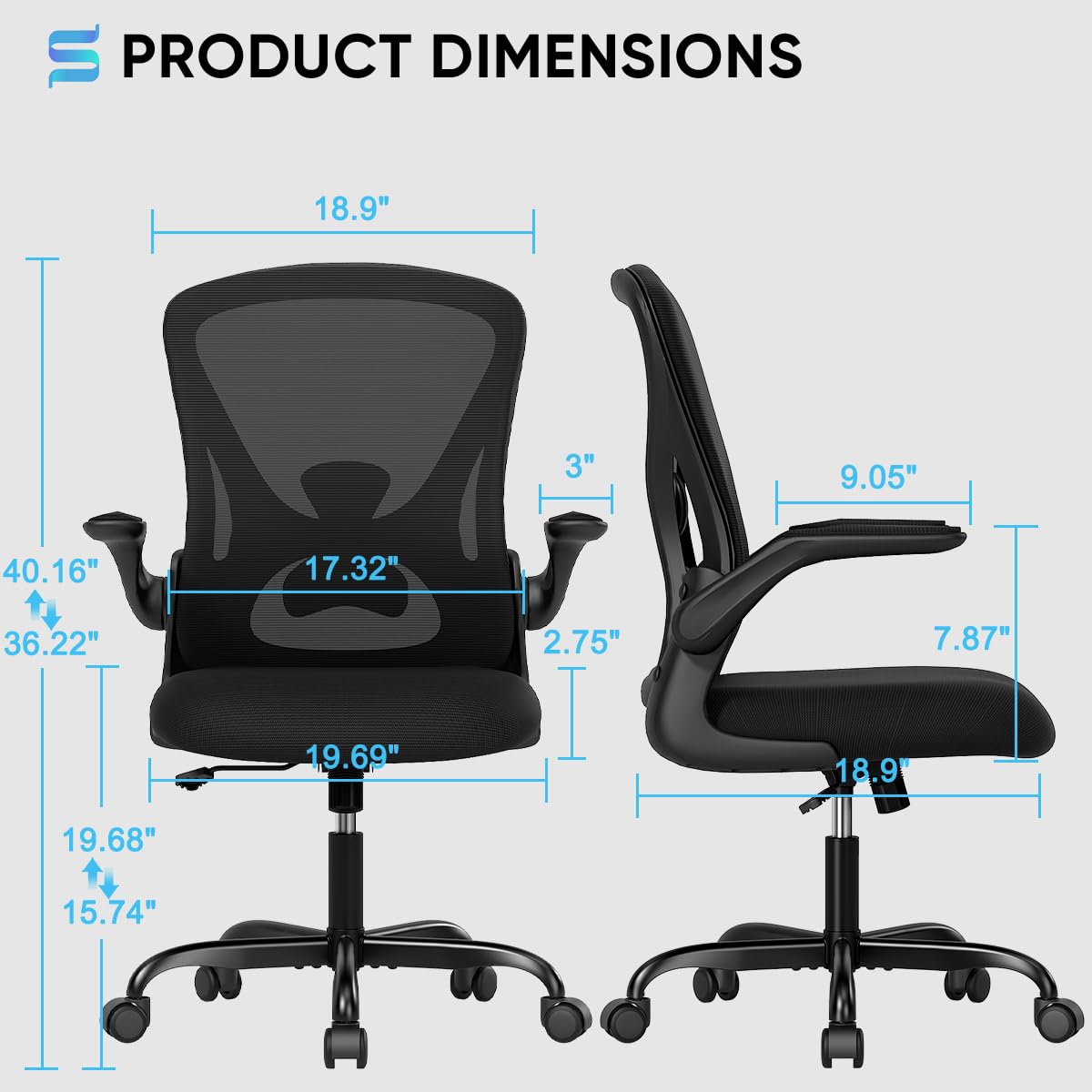 Sytas Ergonomic Office Chair with Adjustable Flip-Up Arms & Lumbar Support - Breathable Mesh Back & Padded Seat for Home Office, Gaming, or Workspace (Black) - Perfect for Long Hours of Sitting & Computer Work