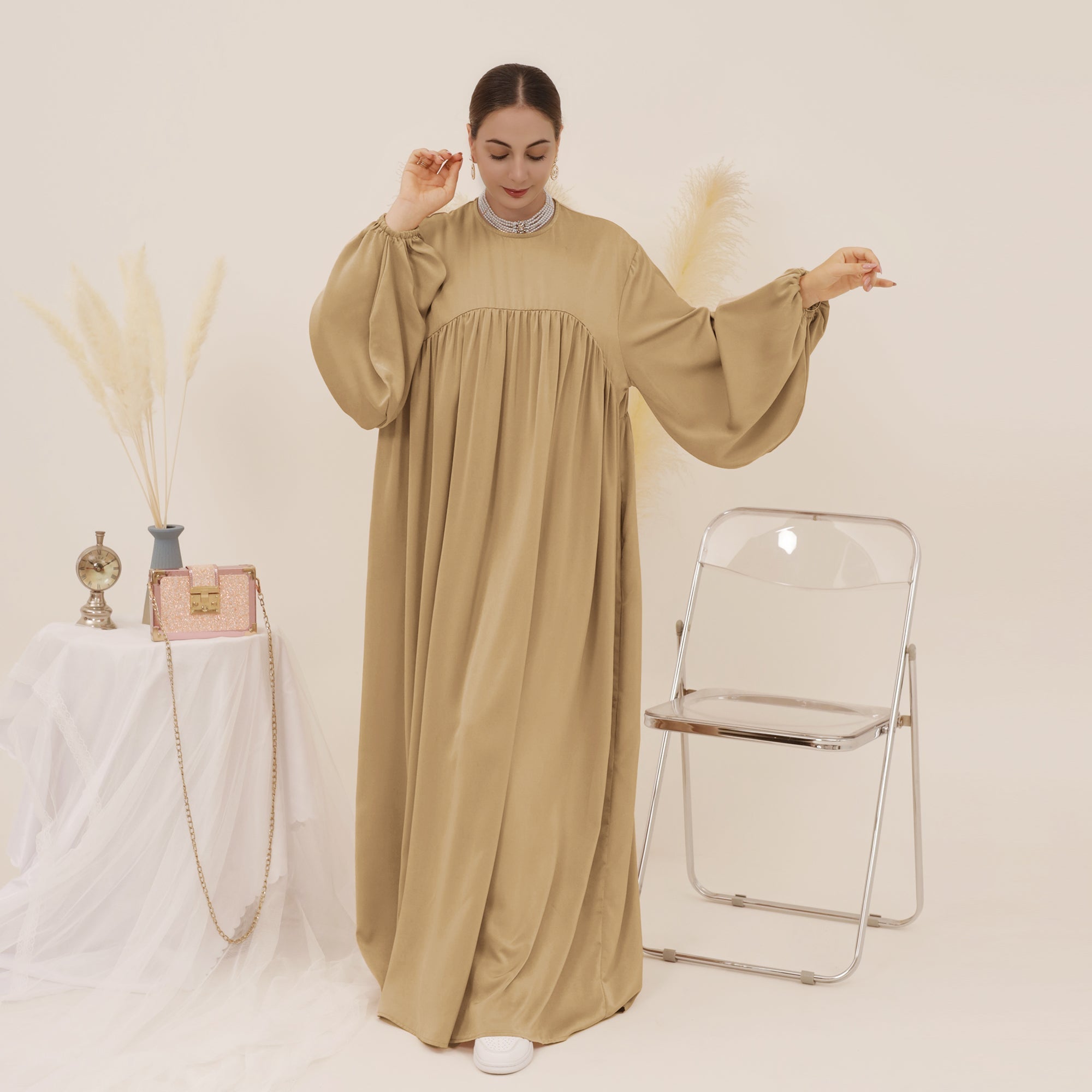Amelia Satin Abaya Set - Elegant Champagne Color Muslim Prayer Dress for Women | Perfect for Eid, Ramadan & Special Occasions