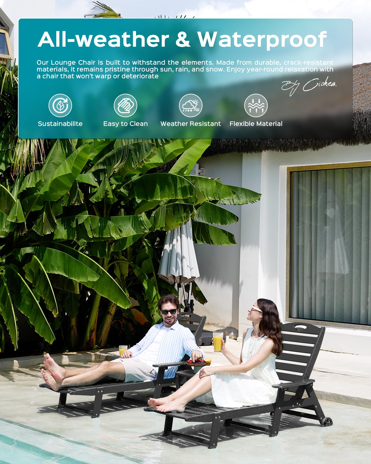Oversized Outdoor Lounge Chair with 5 Adjustable Positions, HDPE Patio Chaise with Wheels & Cup Holder - Perfect for Poolside, Deck, Backyard Relaxation & Sunbathing