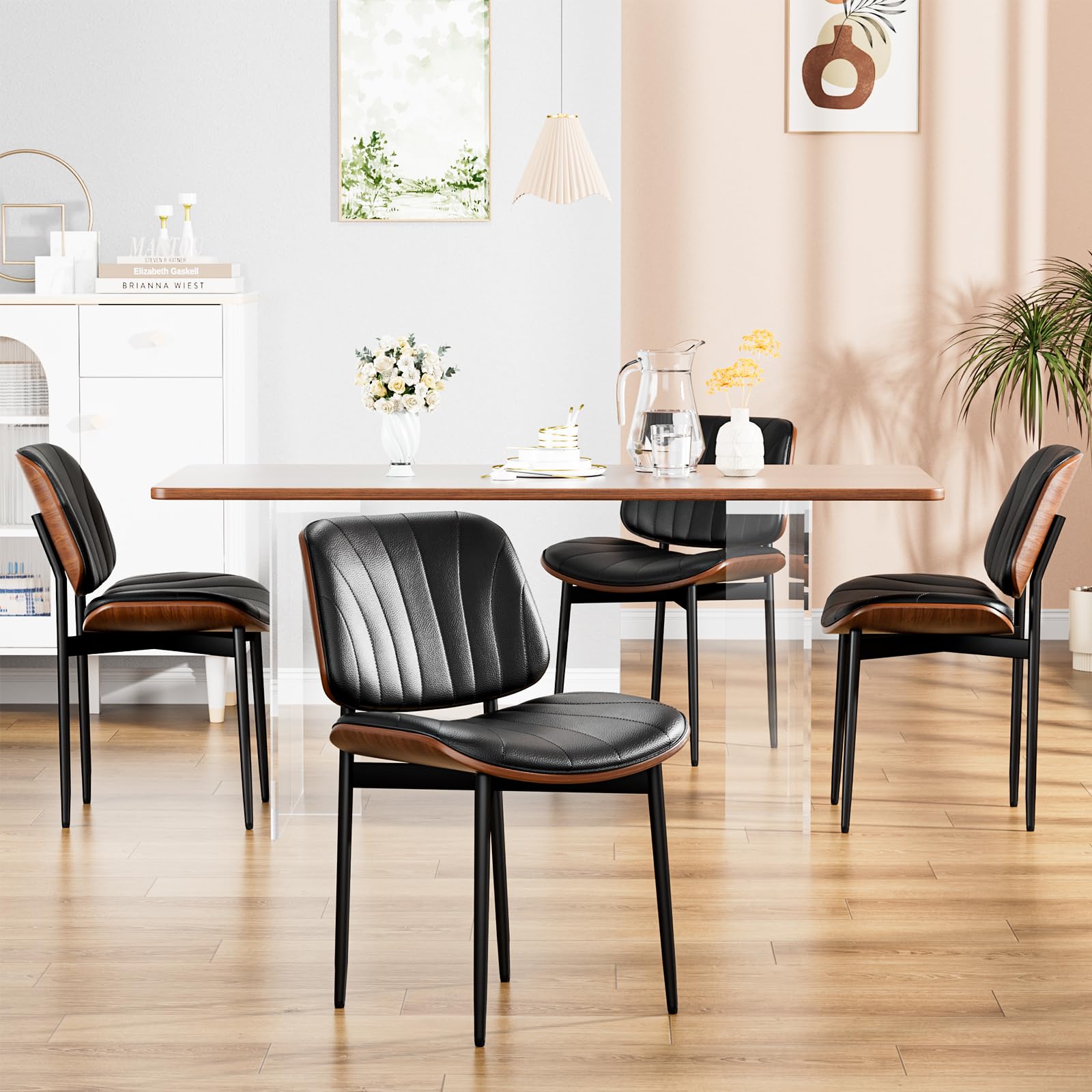 4-Piece Mid Century Modern Dining Chairs Set - FSC Certified PU Leather Upholstered Chairs with Walnut Bentwood & Metal Legs - Perfect for Kitchen, Dining Room or Vanity Area - Black Contemporary Seating
