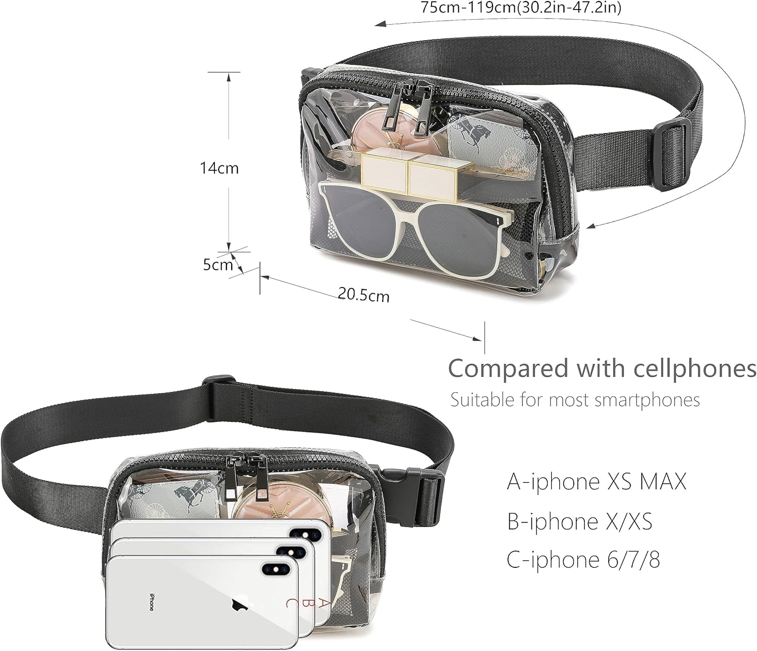 Clear Fanny Pack for Women & Men - Adjustable Strap Crossbody Waist Bag | Stadium Approved for Concerts, Sports, Travel, Hiking & Running | Perfect for Outdoor Activities & Events (Black)