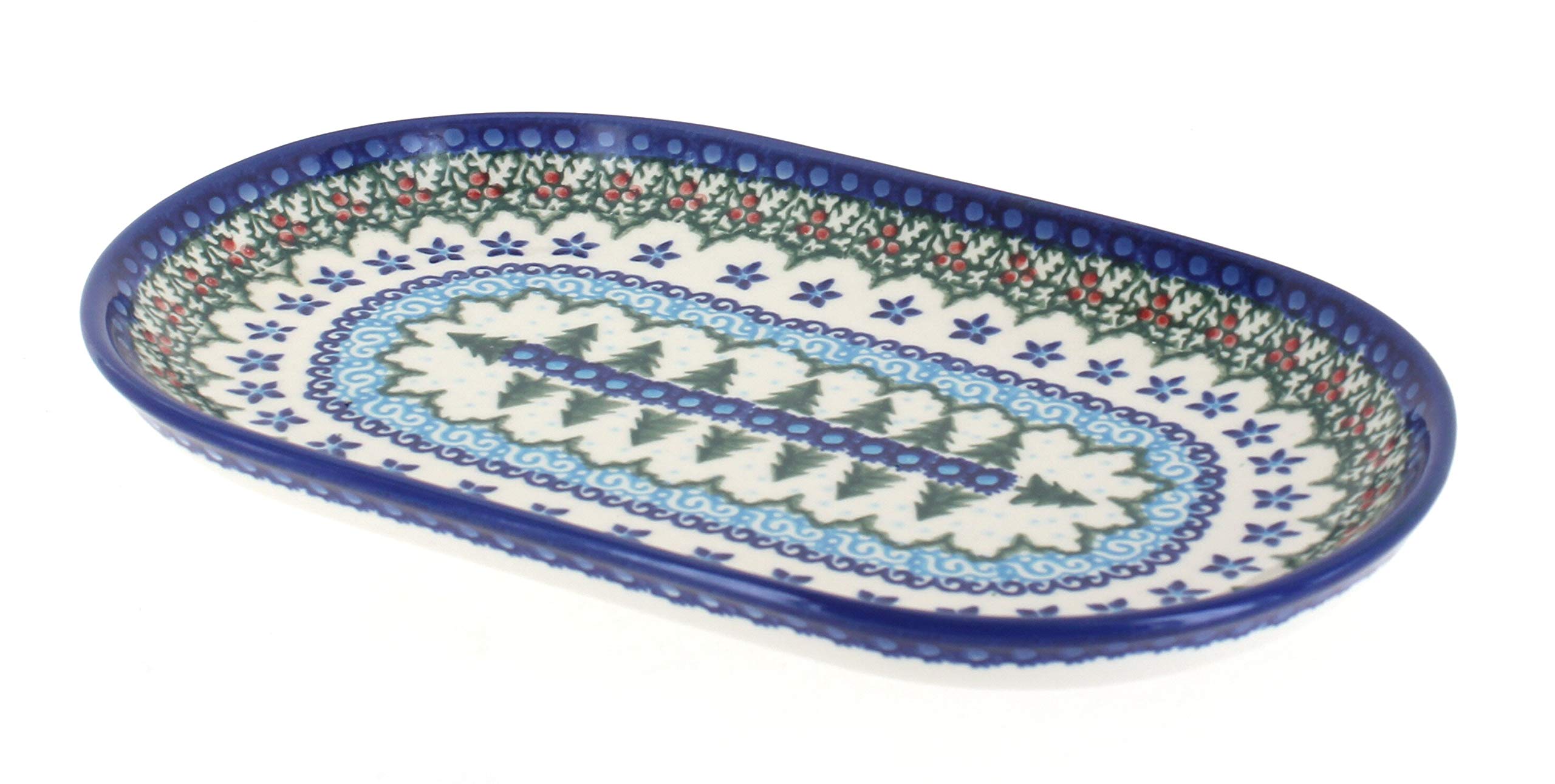 Handmade Blue Rose Polish Pottery Small Oval Dish - Holiday Pine Design for Christmas Decor, Tableware & Gift Giving