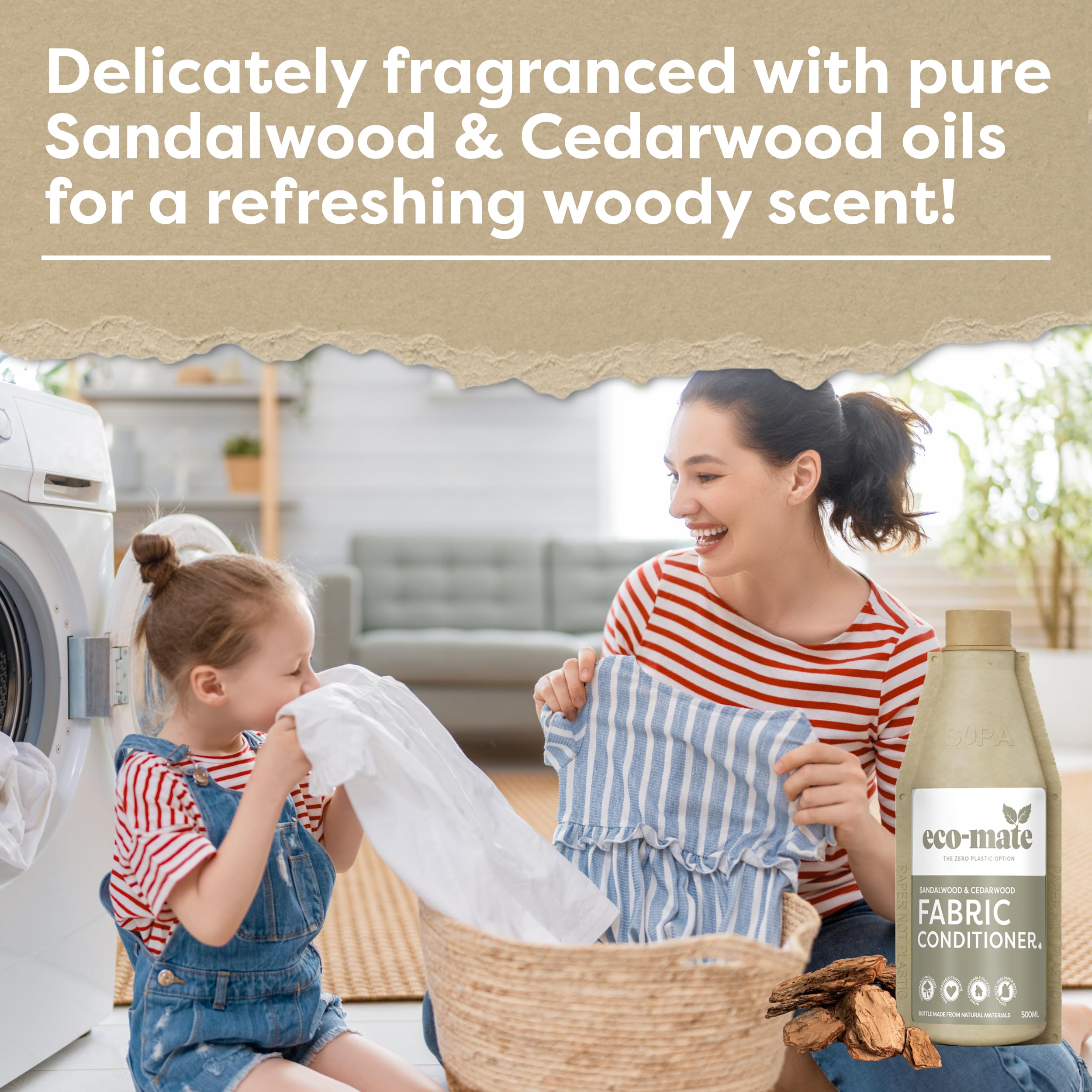 Eco-Mate Natural Sandalwood & Cedarwood Fabric Softener - 500ml Plant-Based Biodegradable Concentrated Liquid Conditioner - Eco Friendly Hypoallergenic Laundry Solution for Sensitive Skin - Perfect for Baby Clothes, Bedding & Towels