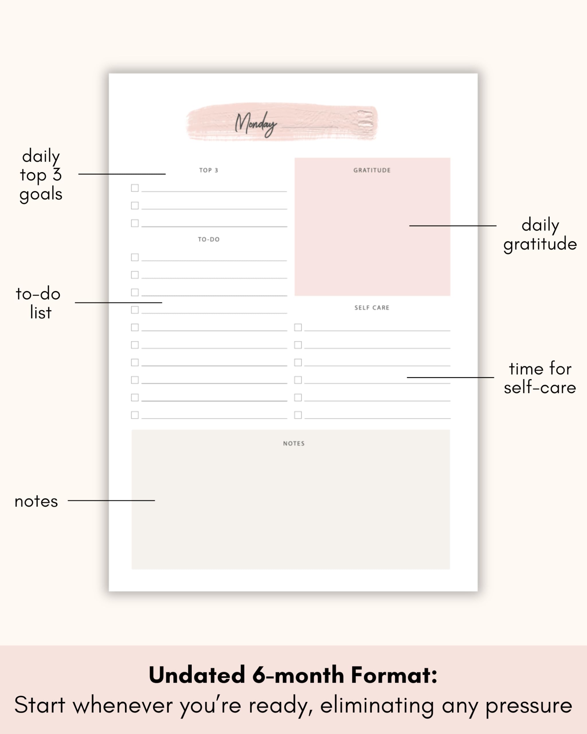 Lamare 6-Month Planner - Undated A5 Organizer with Goal Tracker & Quotes for Daily Planning - Pink Hardcover