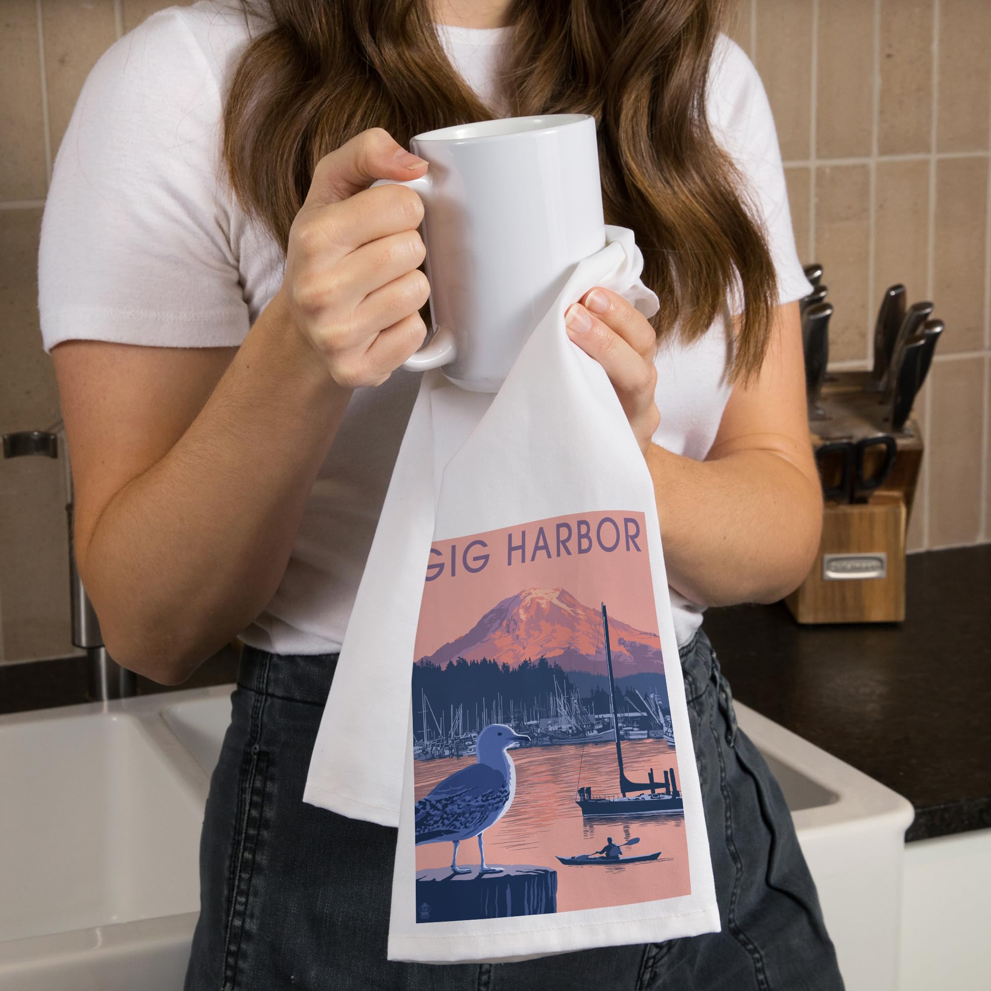 Lantern Press Gig Harbor Washington Sunset 100% Cotton Tea Towel - Decorative Hand Towel for Kitchen, Home Decor & Gift - Perfect for Drying Dishes, Decorating & Housewarming