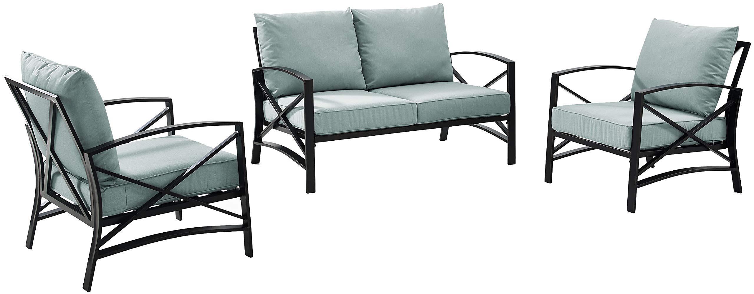 Crosley Furniture Kaplan 3-Piece Outdoor Loveseat Patio Set - Oiled Bronze Frame with Mist Cushions - Perfect for Porch, Deck, Garden & Backyard Relaxation
