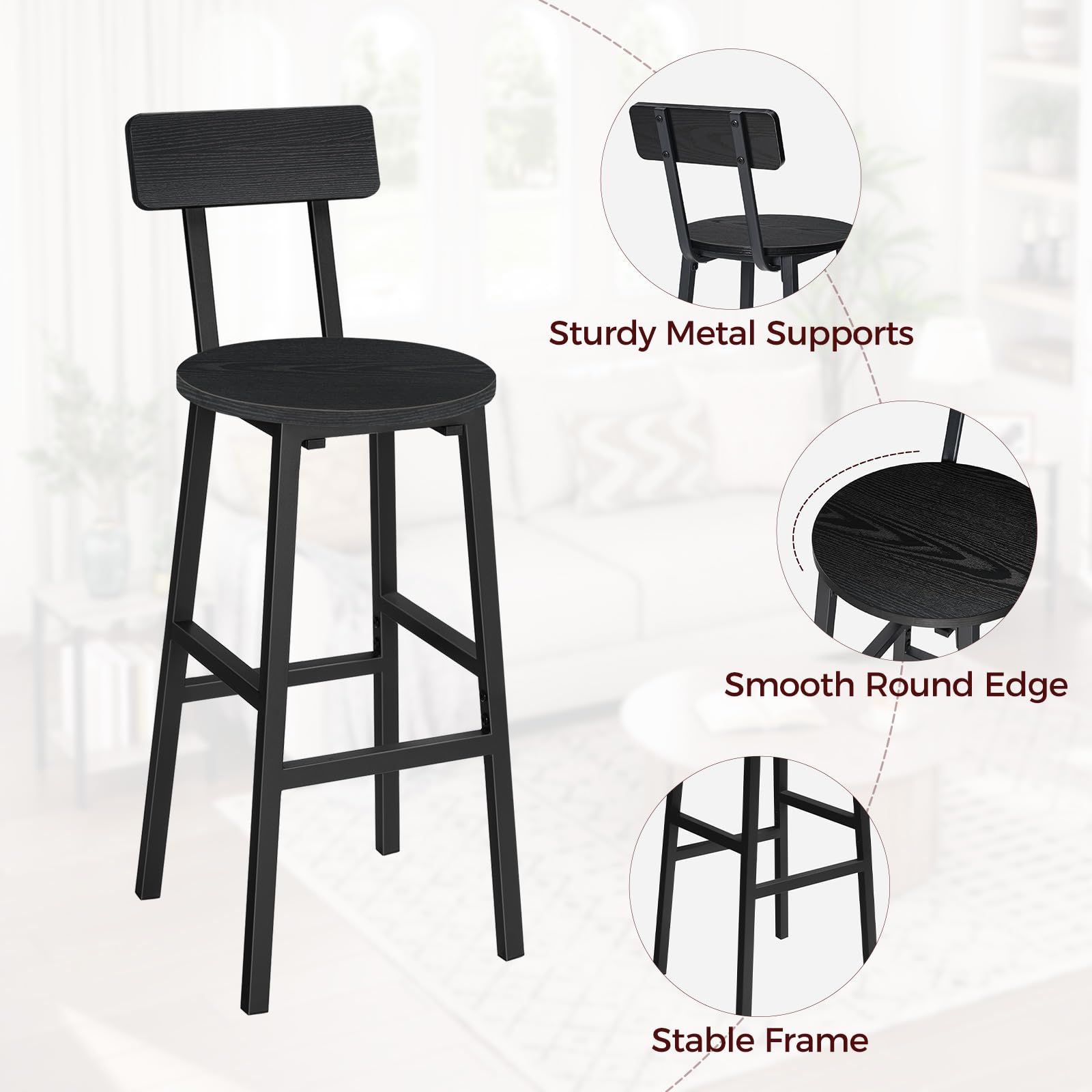 2-Pack Black Bar Stools with Back & Footrest - 24.4 Inch Round Counter Height Stools for Kitchen, Dining Room & Home Bar - Perfect for Breakfast Nooks, Pub Tables & Entertainment Areas