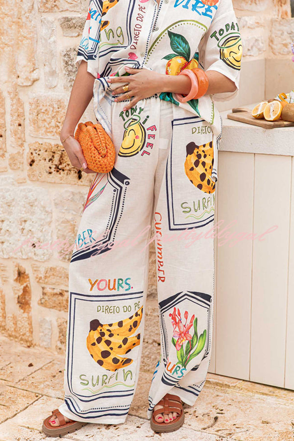 Summer Floral Fruit Print Casual Short Sleeve Shirt & Elastic Waist Loose Wide Leg Pants Set - Women's Comfortable Outfit for Beach Vacation, Shopping, and Daily Wear