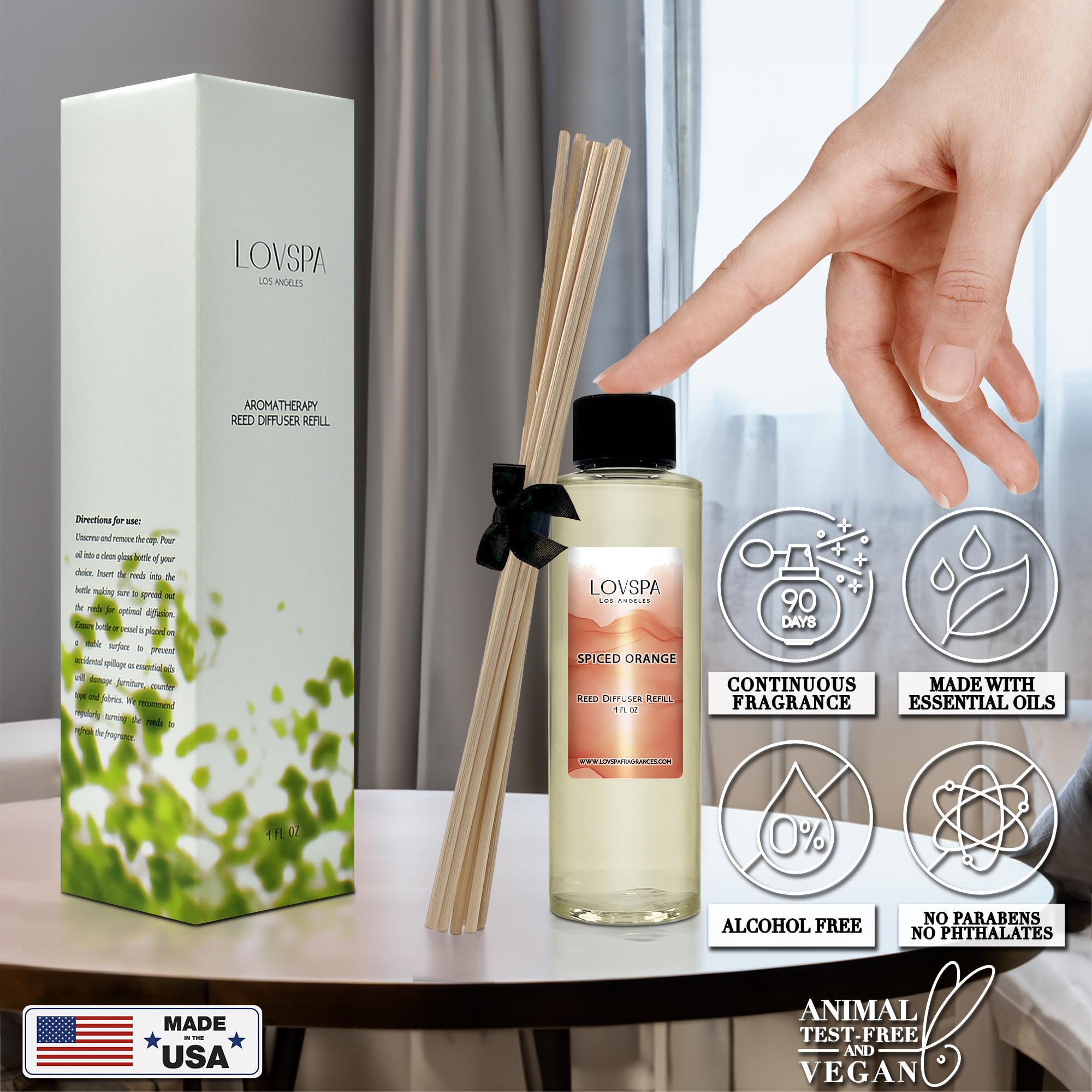 LOVSPA Spiced Orange Reed Diffuser Oil Refill with Replacement Reed Sticks - 4oz Cinnamon & Orange Scented Air Freshener for Home, Office, Bathroom | Made in USA | Long-Lasting Aromatherapy Oil for Relaxation & Stress Relief