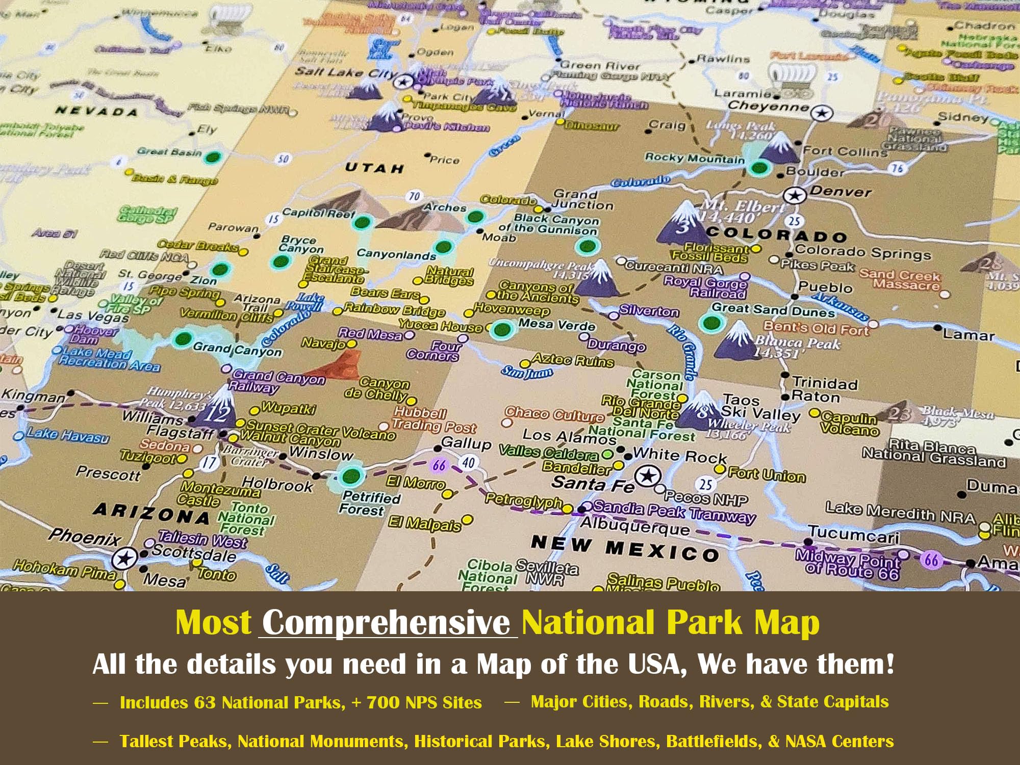 USA Travel Map with Push Pins - Track Visits to 63 National Parks | Brown Framed, Rolled Poster or Stretched Canvas | Includes 500 Pins for Road Trips & Adventure Planning