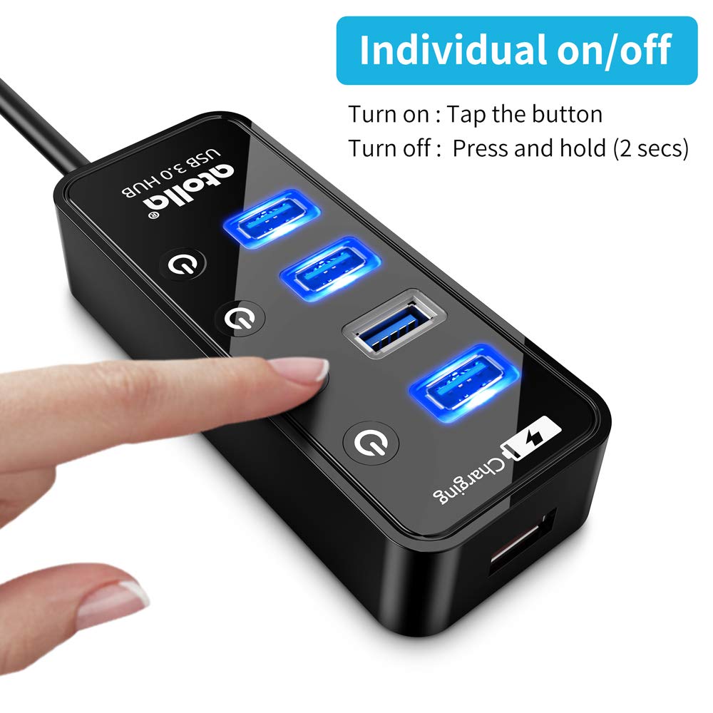 Atolla 4-Port USB 3.0 Hub with On/Off Switches & 1 Charging Port - High Speed Data Transfer (2ft Cable) for Laptop, PC, Mac - Perfect for Home Office, Gaming & Multi-Device Setup