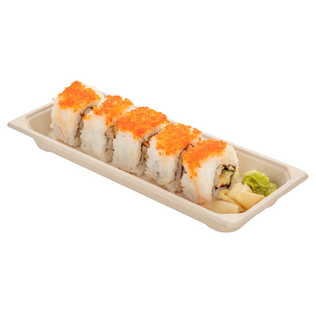 Eco-Friendly 8.7 x 3.5 Inch Microwavable Bagasse Sushi Trays - 100-Pack Sugarcane Fiber Dishes, Freezer Safe (Lids Sold Separately) | Perfect for Restaurants, Catering & Home Sushi Parties