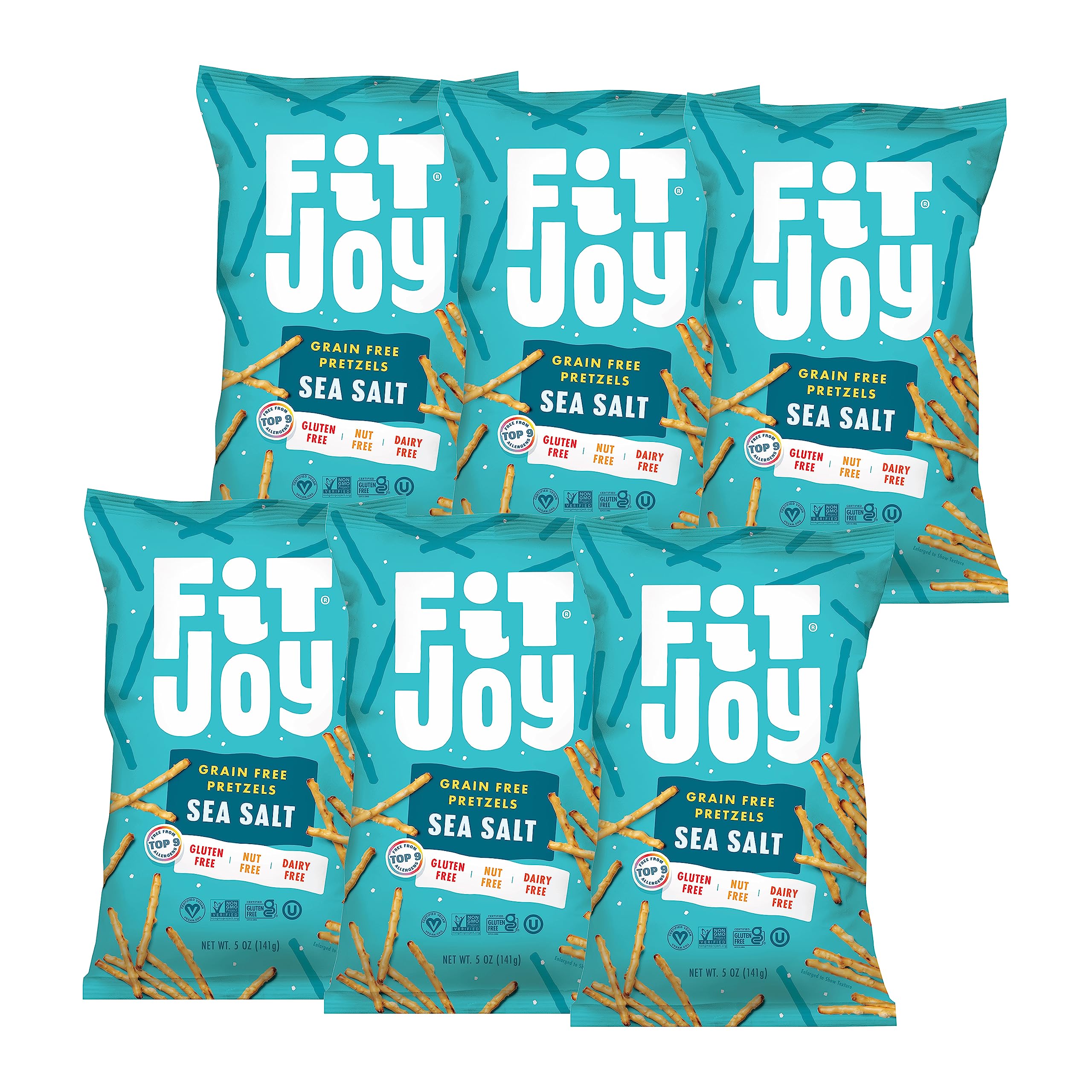 FitJoy Gluten Free Pretzels - Sea Salt Sticks, Grain Free Snacks | Made in USA, Crispy Crunchy Texture | Nut Free, Non-GMO, Vegan Certified | 5 Oz (6 Pack) | Perfect for School Lunches, Office Snacks & Healthy On-the-Go Treats