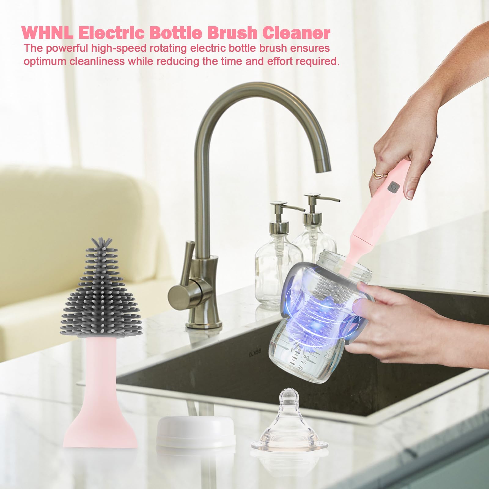 Rechargeable Electric Baby Bottle Cleaner Kit - 3-Piece Silicone Bottle Brush & Straw Brush Set | Automatic Bottle Washer for Infant Feeding Accessories | Perfect for Nursery, Travel & Daily Cleaning (Pink)