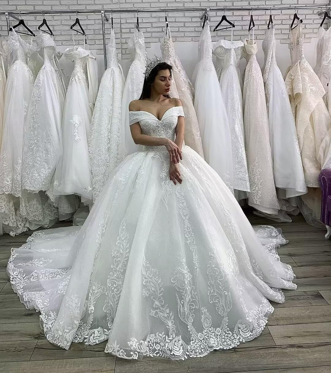 Elegant Off Shoulder Lace Wedding Dress for Bride – A-Line Princess Ball Gown with Appliques | Perfect for Church Ceremony, Beach Wedding & Formal Reception