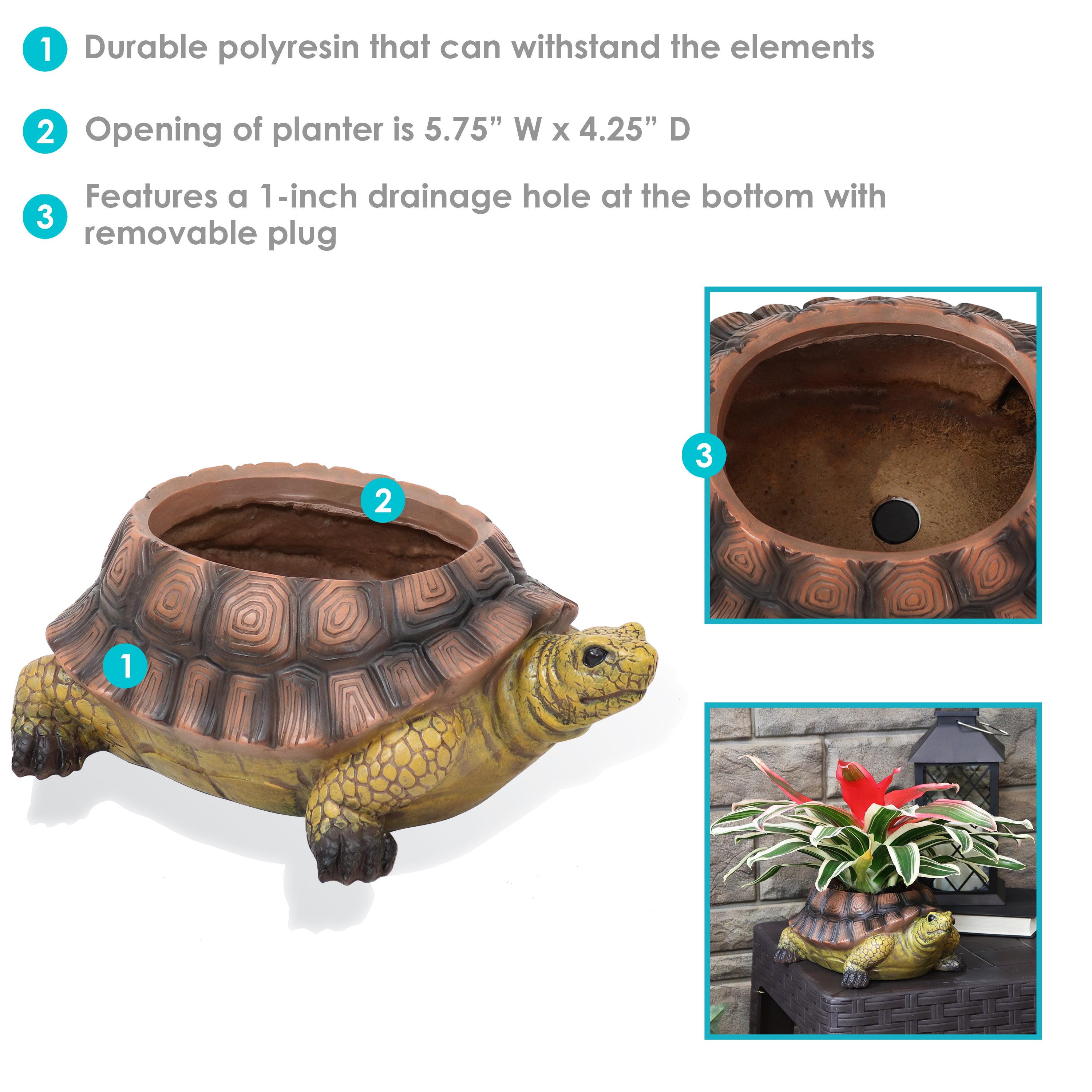 Sunnydaze Teddy the Tortoise Polyresin Garden Planter - 11 Inch Cute Animal Shaped Flower Pot for Indoor Outdoor Plants, Succulents, Herbs - Perfect for Patio, Balcony, and Home Decor