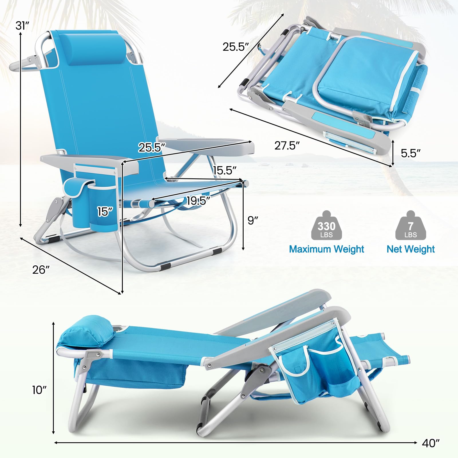 Goplus 2 Pack Heavy Duty Folding Beach Chairs for Adults - 330lbs Capacity, 5-Position Adjustable Backpack Chairs with Storage Pockets, Towel Bar & Headrest - Portable Aluminum Frame Lay Flat Camping Chairs for Beach, Poolside, Backyard, Picnic & Outdoor Relaxation
