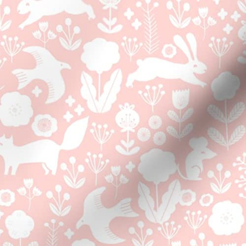 Woodland Spring Nursery Pink Pastel Cute Animals Rabbit Bird Printed Velvet Upholstery Fabric by The Yard - Soft Home Decor & Apparel Material for Baby Clothes, Curtains, Pillows | Spoonflower Premium Fabric