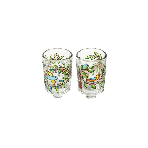 Yair Emanuel Hand-Painted Glass Candle Holders - Elegant Bird & Floral Design Judaica Home Decor for Shabbat, Holidays & Jewish Celebrations