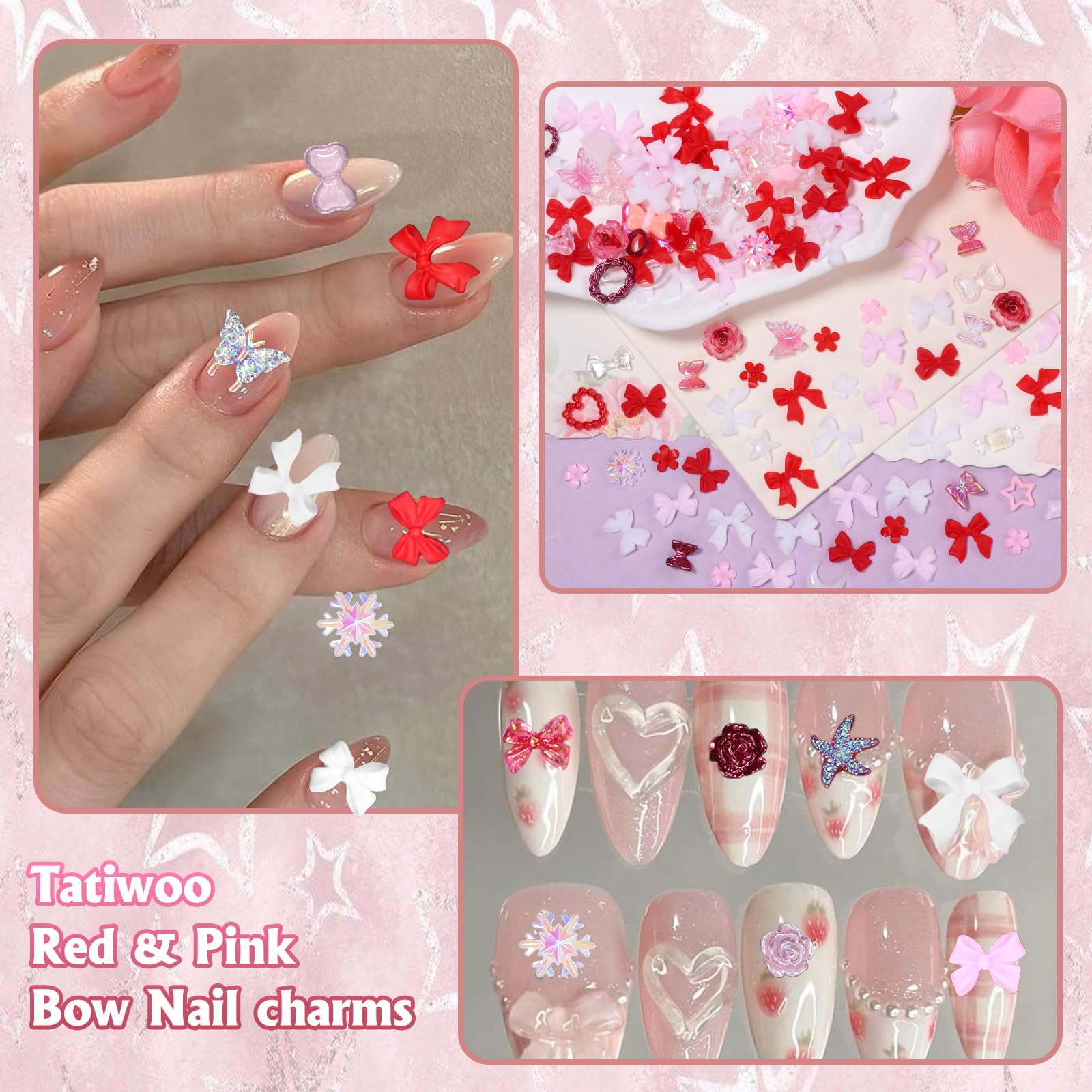 2 Boxes Flower Nail Charms and Rhinestones - Red Pink Bows, Tiny Flowers & Butterfly Nail Art Charms for DIY Nail Accessories | Perfect for Manicures, Nail Salons & Home Nail Art Decoration