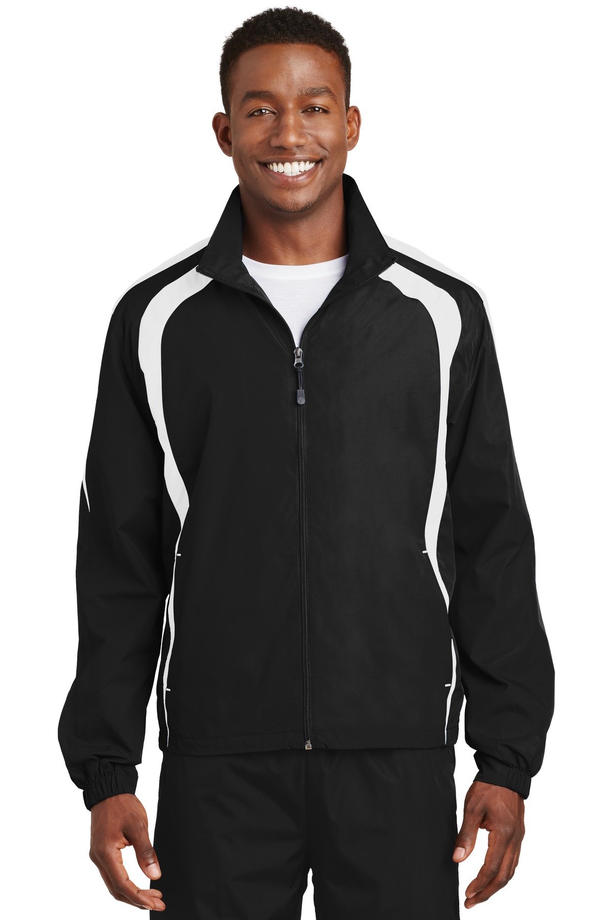 SPORT-TEK Black/White Colorblock Raglan Jacket for Men - Medium | Perfect for Outdoor Activities & Casual Wear