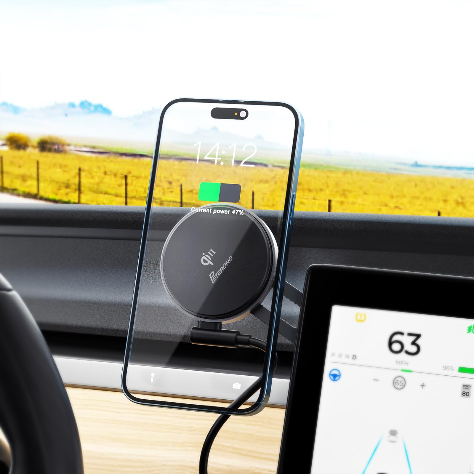 Qi2 Wireless Car Phone Charger Holder - 15W Fast Charging MagSafe-Compatible Phone Mount for Tesla Model | Foldable 360° Adjustable Stand with Sticky Adhesive | Perfect for iPhone 16/15/14/13 | Ideal for Commuting, Road Trips & Hands-Free Driving