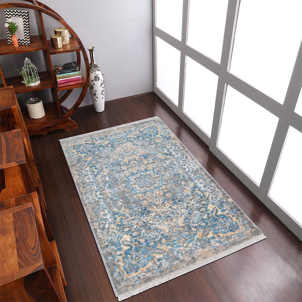 Machine Made Polyester Area Rugs 5'x7'10'' - Gray Blue Oriental Traditional Design Low Pile Carpet for Living Room, Bedroom & Office (M00100)