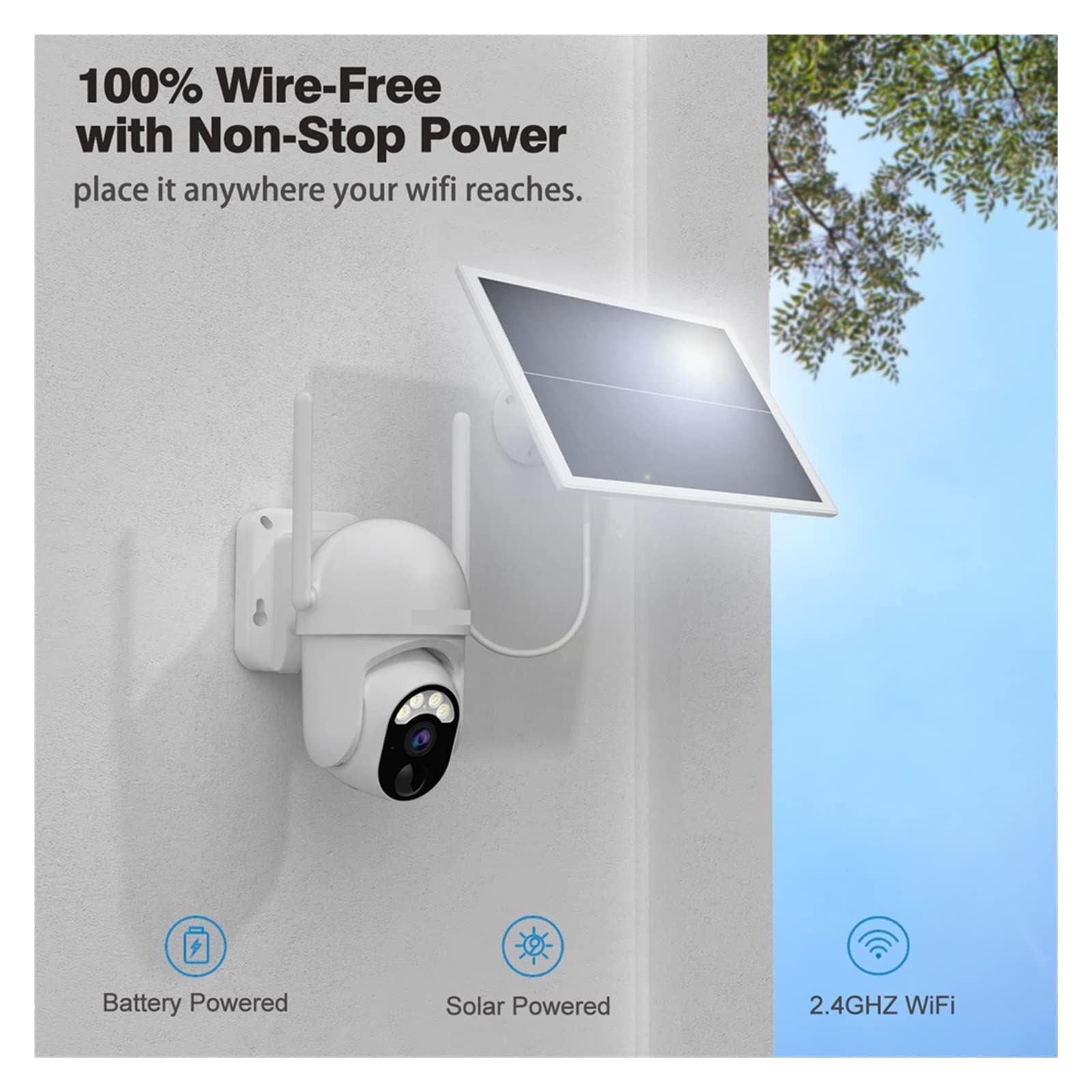 3MP Solar Security Camera with WiFi, Battery & Solar Power - Outdoor PTZ Surveillance with PIR Motion Detection, Spotlight, Color Night Vision & Siren - 128GB Storage (Ideal for Home, Yard & Business Security)