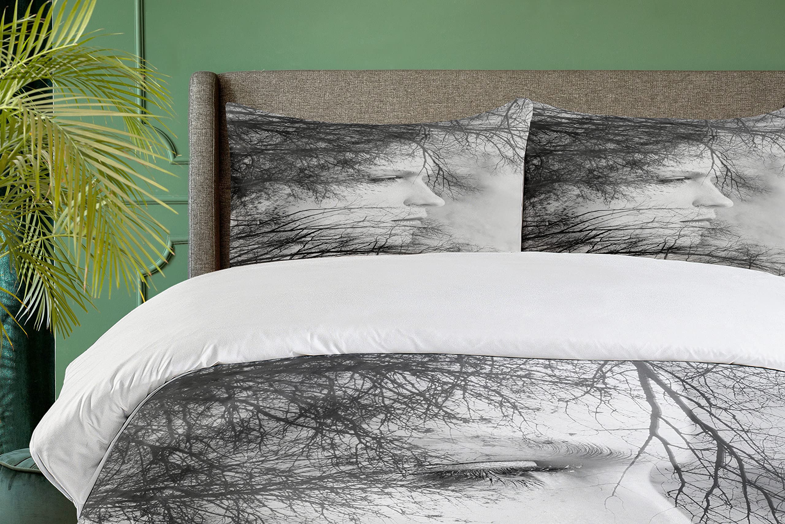 Ambesonne Black and White Duvet Cover Set - Queen Size 3-Piece Bedding with Double Exposure Print of Woman Face Among Tree Branches, Includes 2 Pillow Shams | Modern Home Decor for Master Bedroom, Guest Room & Dorm | Soft & Stylish Black White Design