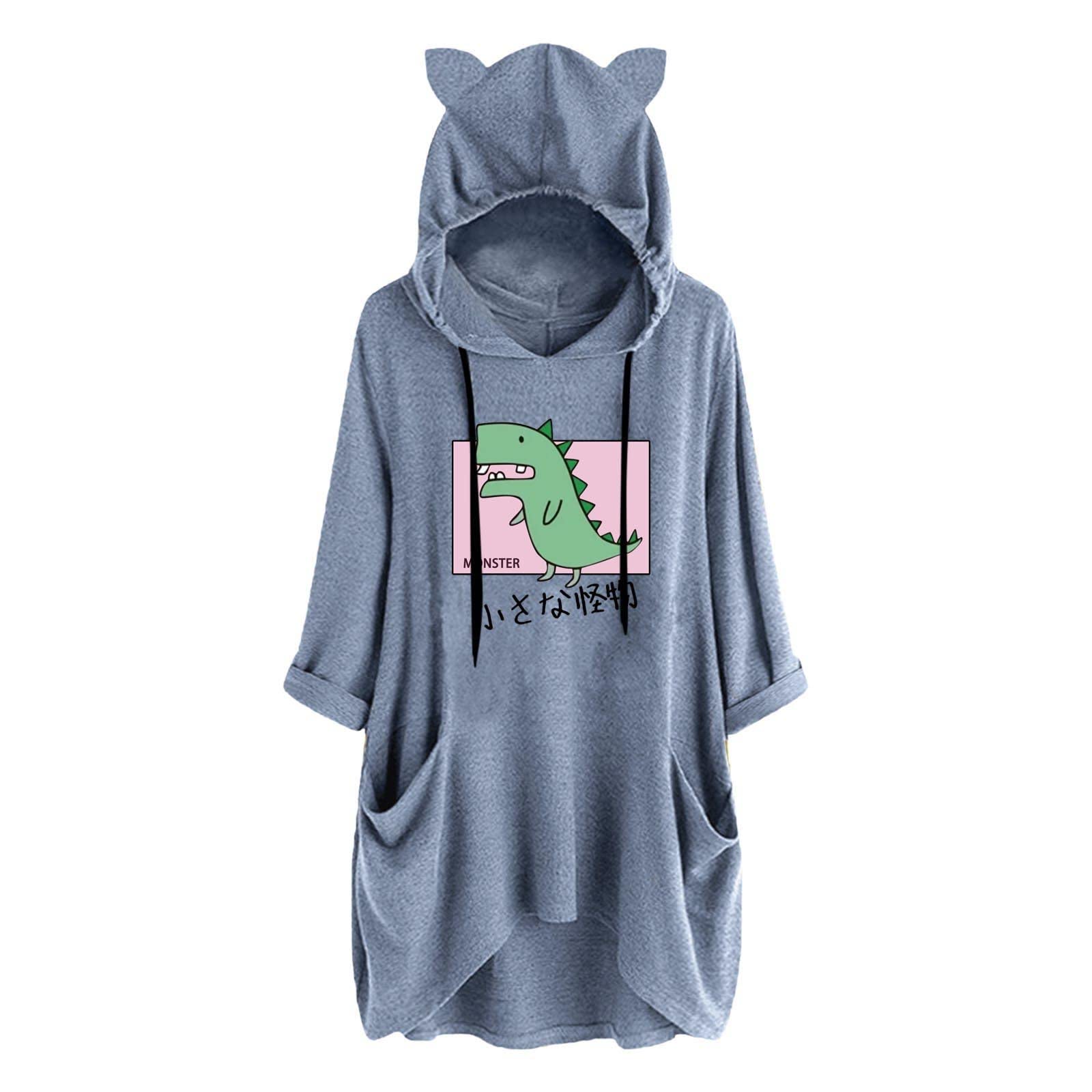 Trendy Women's Dinosaur Cat Ears Hooded Cute Pig Print Dress - Halloween Costume & Casual Wear for Parties, Cosplay, and Everyday Fashion
