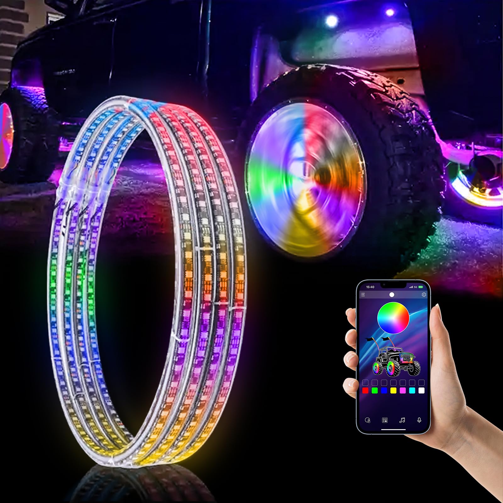17 Inch LED Wheel Rim Lights for Trucks & Cars - Double Rows Illuminated Tire Ring Kit (Fits 21-28
