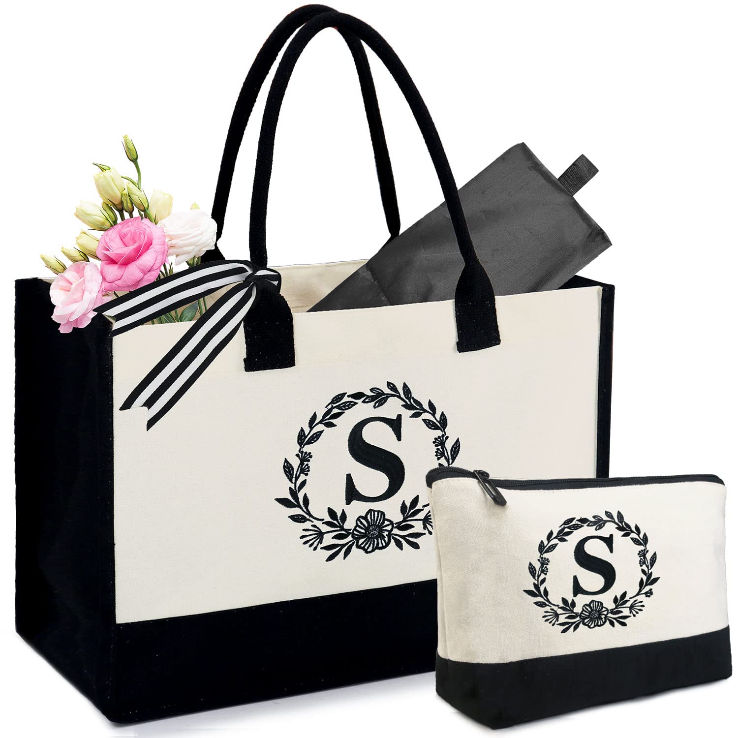 Personalized Monogram Embroidery Tote Bags for Women - BeeGreen Initial Tote with Makeup Pouch & Inner Zipper Pocket - Perfect Gift for Birthday, Mother, Hostess & Bridesmaid (Letter S) - Great for Work, Travel & Shopping
