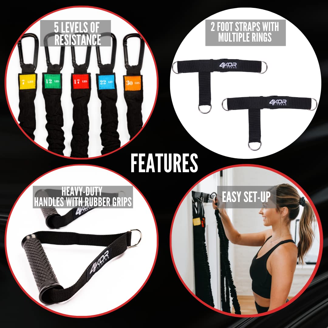 4KOR Deluxe Adjustable Shoulder & Full Body Resistance Band System with Interchangeable Handles, Foot Straps - Home Gym Workout Equipment for Strength Training, Physical Therapy & Fitness - Includes Nylon Sleeves, Anchors & Carry Bag