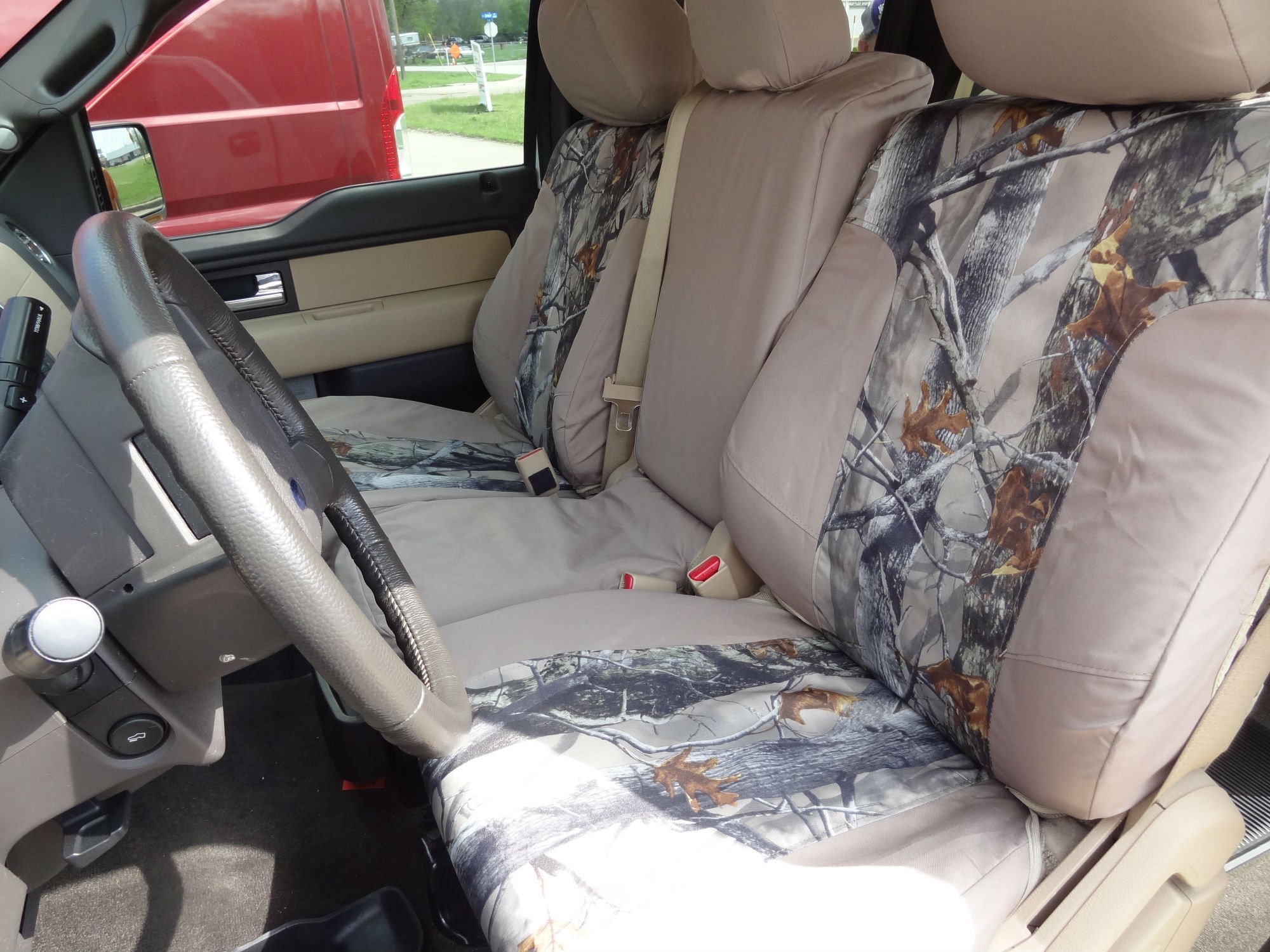 Custom Waterproof Durafit Seat Covers for 2011-2013 Ford F150-F550 Trucks - 40/20/40 Split Front Seat Design with Console Opening in Tan-Camo Endura Fabric | Perfect for Off-Roading, Work Trucks & Outdoor Adventures
