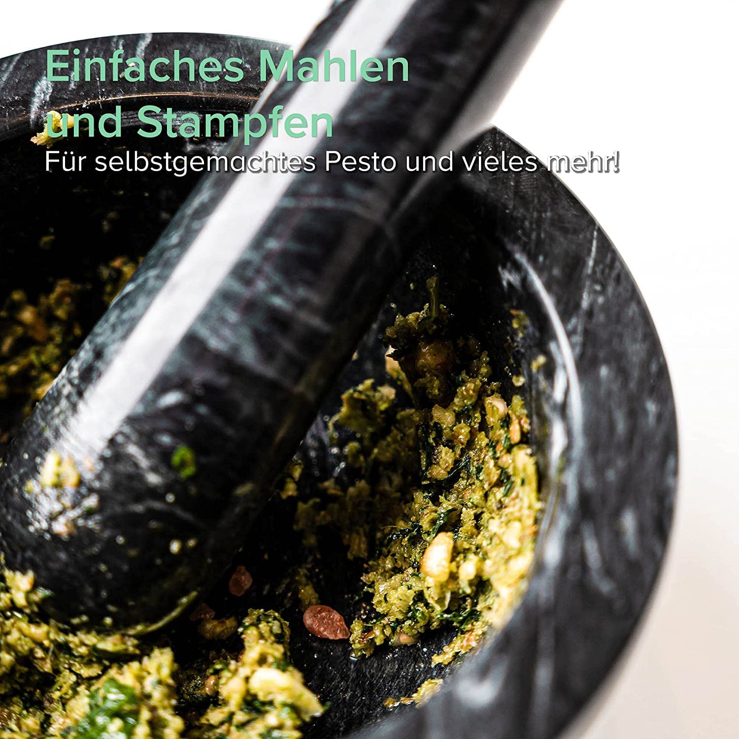 Premium 15CM Black Marble Mortar and Pestle Set - Solid Natural Stone Spice & Herb Grinder for Cooking - Smooth Polished Surface for Comfortable Grip - Perfect for Crushing Spices, Herbs, Garlic & Making Guacamole, Pesto & Cocktail Muddling
