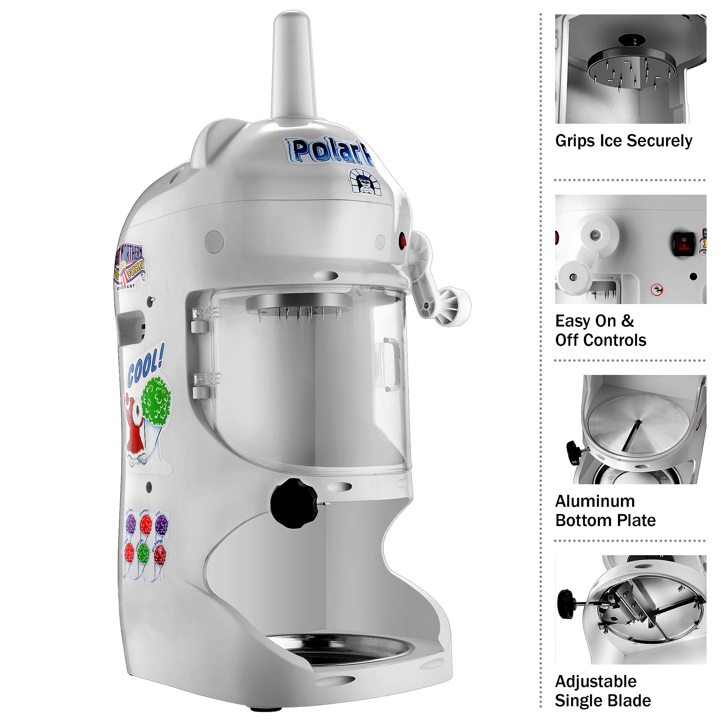 Great Northern Popcorn Electric Ice Shaver Machine - 250W High Power, 210lbs/hr Capacity, 1420RPM Stainless Steel Blade for Perfect Shaved Ice - White Snow Cone Maker & Ice Crusher for Parties, Events, and Home Use