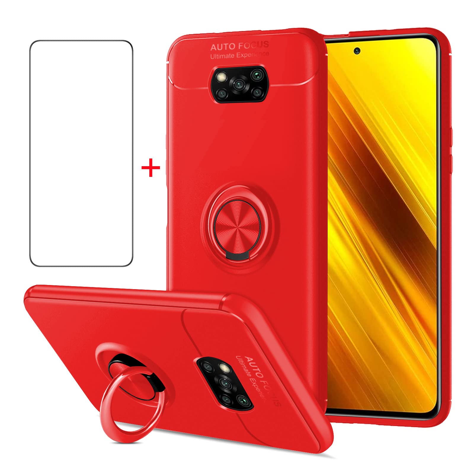 **AKABEILA Shockproof Phone Case for Xiaomi Poco X3 GT with Tempered Glass Screen Protector – Carbon Fiber Silicone Cover & Bracket Holder for 6.6