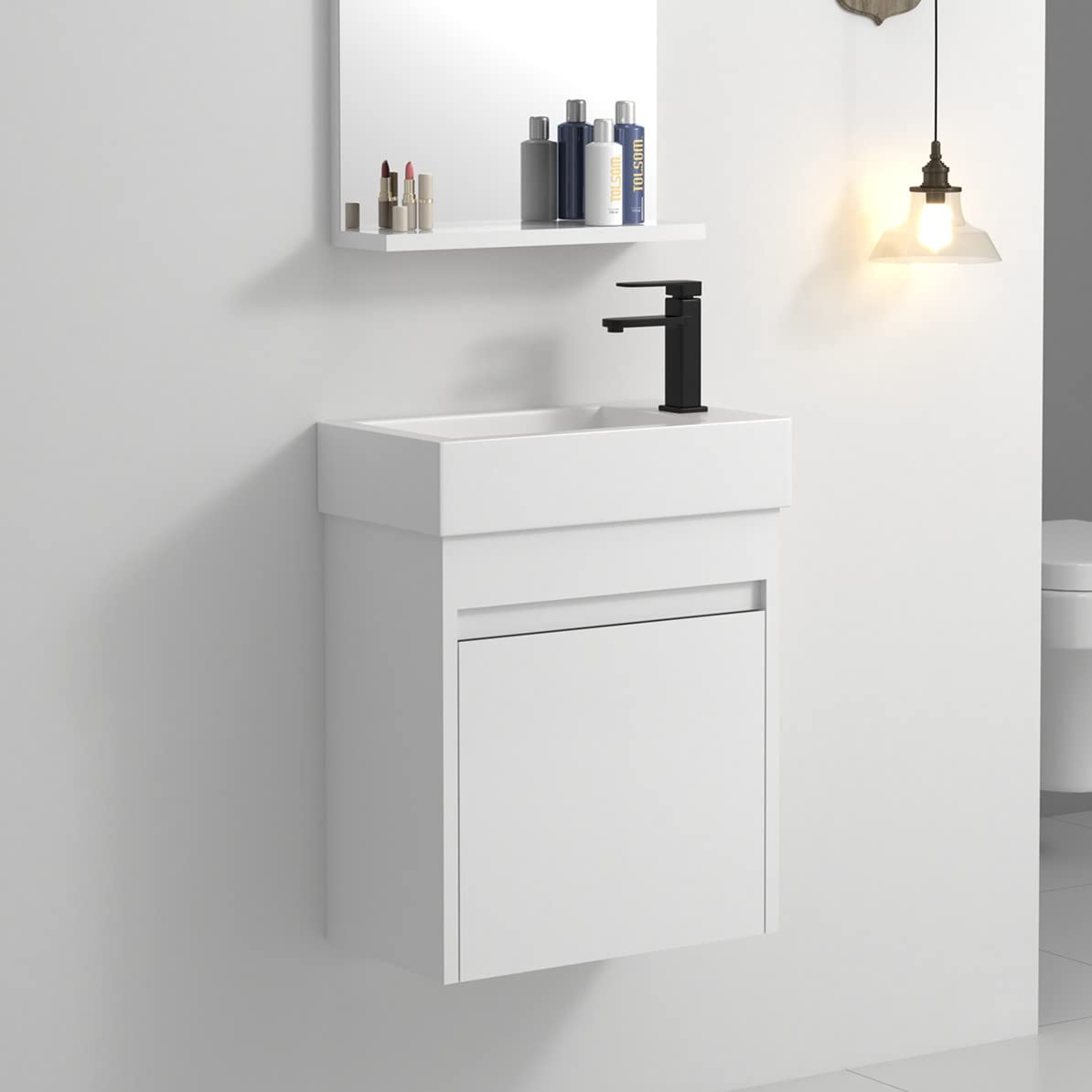 Modern 18-Inch Wall Mounted Bathroom Vanity with Sink Combo - Space Saving Single Vanity Set with White Resin Basin & Wood Storage Cabinet - Perfect for Small Bathrooms, Powder Rooms & Apartments