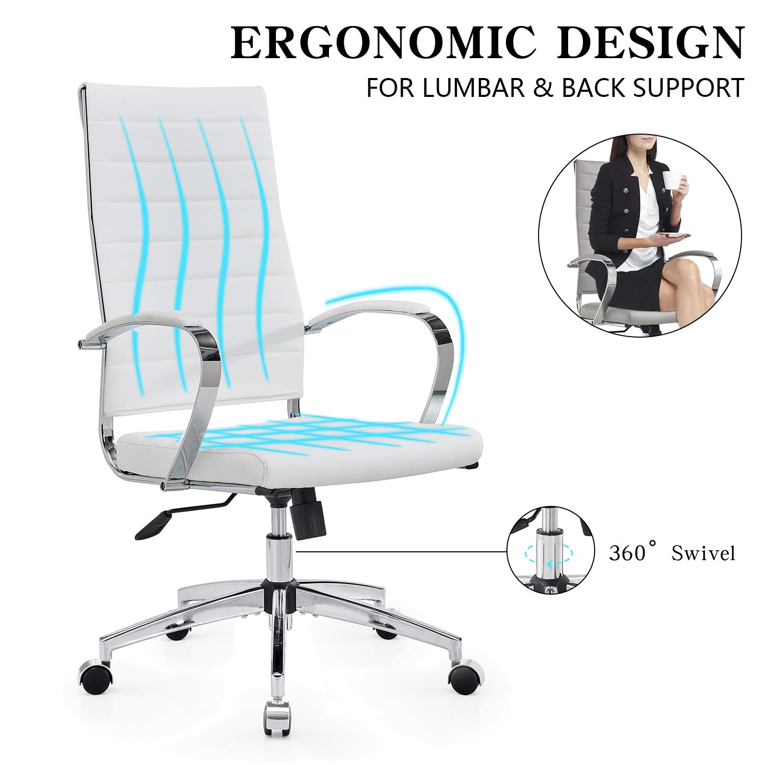 Premium Ergonomic Office Chair - High Back PU Leather Executive Desk Chair for Heavy People (320 lbs) - Modern Home & Office Workspace Comfort - White (4020-white)