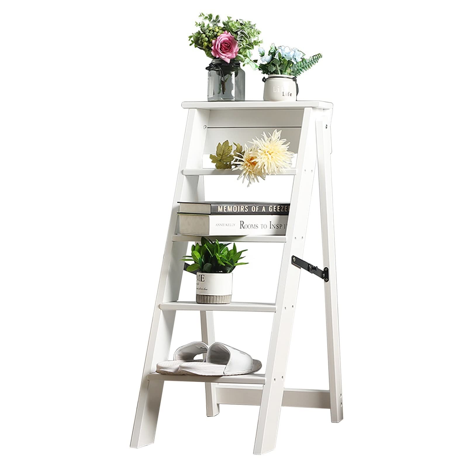 XHALERY Foldable White Step Stool Ladder for Chairs - Portable 5-Step Wooden Safety Ladder with Non-Slip Surface - Perfect for Kitchen, Office, Library & Home Use - Multifunctional Mobile Step Stool