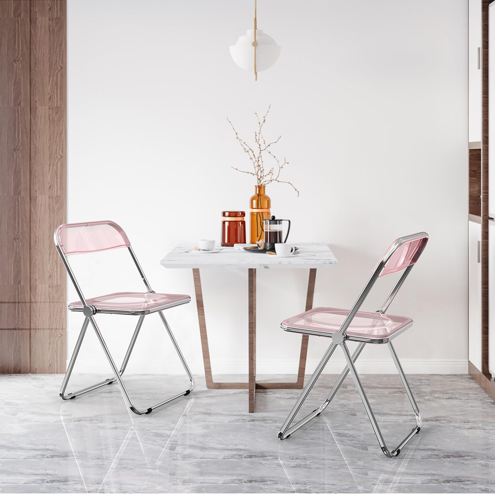 VINGLI 2 Pack Clear Acrylic Folding Chairs - Foldable Stackable Plastic Panel with Metal Chrome Frame - 350 lbs Weight Capacity - Pink - Perfect for Weddings, Parties, Events & Outdoor Gatherings