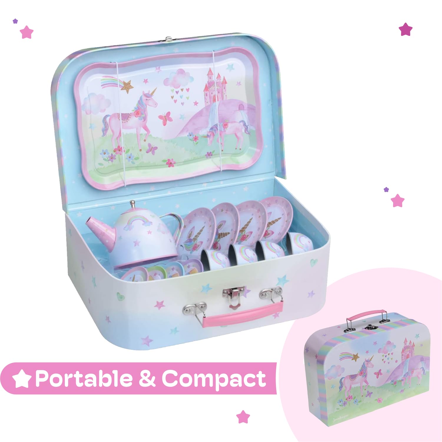 Jewelkeeper 15-Piece Unicorn Tea Party Set for Toddlers - Pretend Play Tea Set with Carrying Case - Perfect for Picnics, Birthday Parties & Imaginative Play - Unique Gift for Girls & Boys Ages 3-6