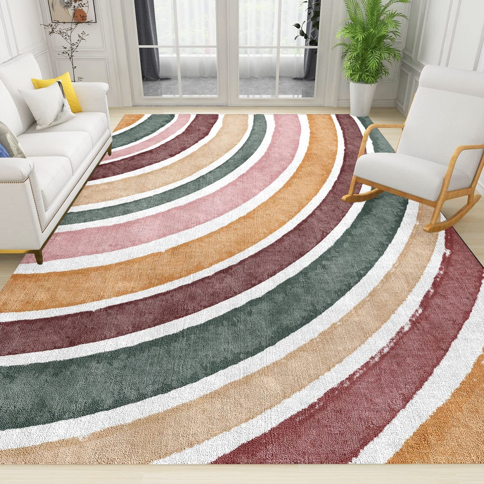Boho Rainbow Area Rug 6' x 4' - Modern Abstract Art Non-Slip Floor Carpet for Living Room, Bedroom & Home Decor | Soft Indoor Rug for Sofa, Nursery & Bohemian Style Spaces