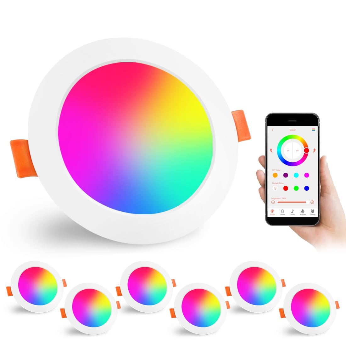4 Inch 12W Smart LED Downlights for Ceiling - Alexa & Bluetooth Compatible, APP Controlled Recessed Lights with Dimmable Warm to Daylight White & RGB Color Changing (6 Pack, Cutout 100-110mm) - Perfect for Bedroom, Kitchen, Living Room Smart Lighting