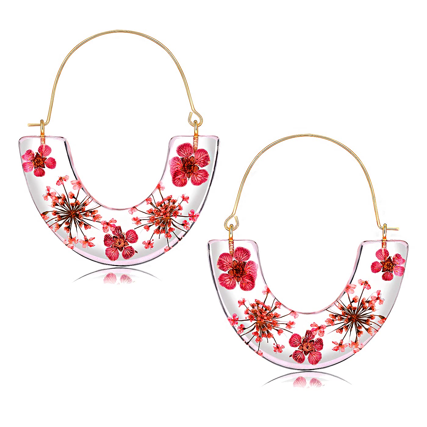 Pressed Flower Resin Hoop Earrings for Women - Real Floral Drop Dangle Statement Earrings | Birthday, Wedding, Party Gifts | Elegant Boho Jewelry for Everyday Wear & Special Occasions