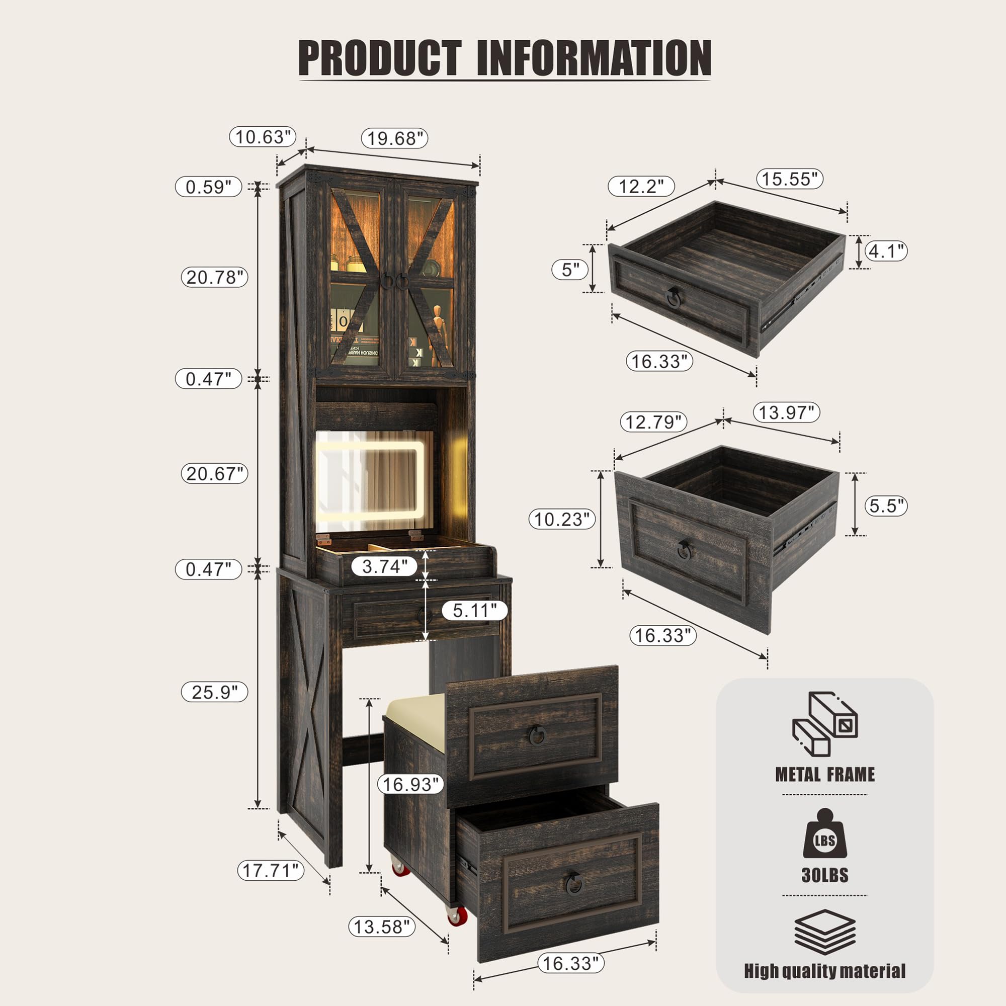 Vanity Desk with Mirror & Stool - Small Makeup Vanity Set with Adjustable LED Lights, Compact Dressing Table with Hidden Storage for Bedroom, Espresso Brown | Perfect for Small Spaces, Home Beauty Salon & Gift for Women