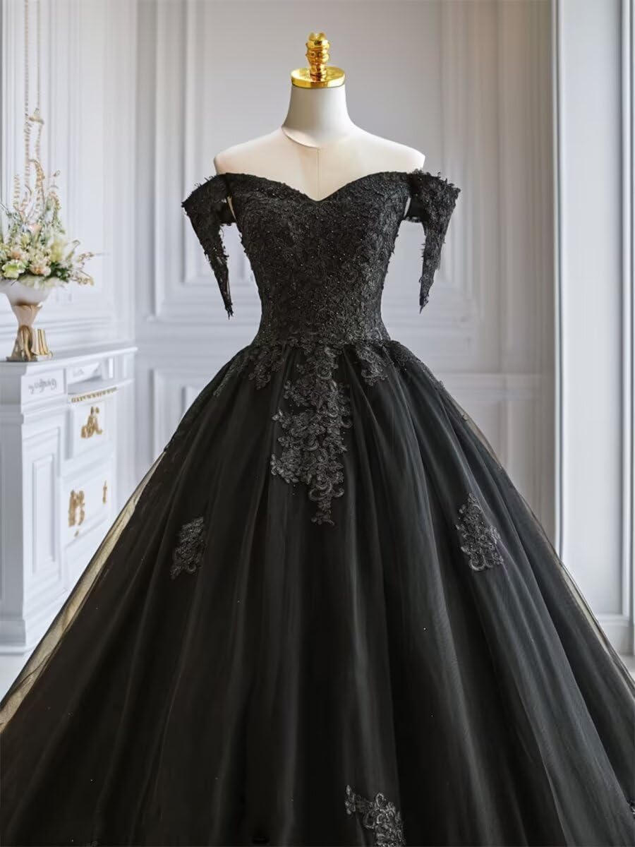 Elegant Black Off-The-Shoulder Puffy Tulle Wedding Dress with Lace Details & Train - Perfect for Bridesmaids, Prom, Evening Gowns & Formal Occasions