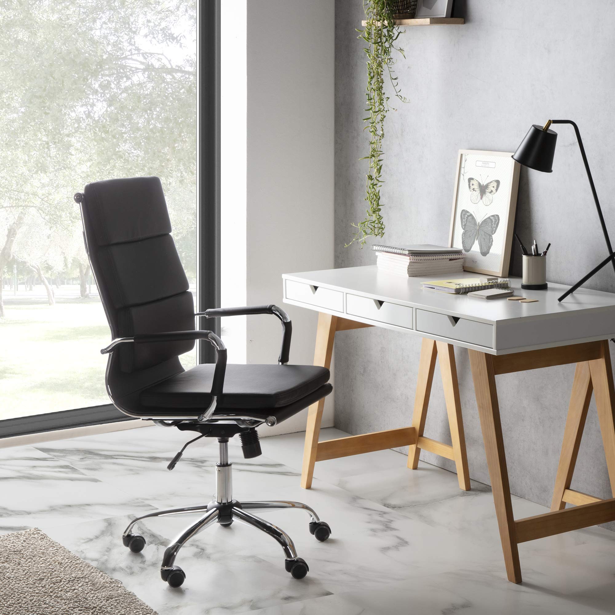 VS Venta-stock Morgan Black Synthetic Leather Office Chair - Adjustable Height, Reclining Executive Chair with Padded Headrest & Cushion, Ergonomic Design - Perfect for Home Office & Workspaces