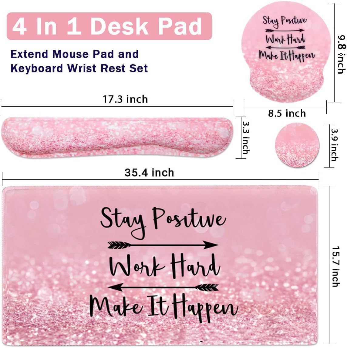 4-in-1 Gaming Mouse Pad Set with Wrist Support - Large Desk Mat, Mouse Pad, Keyboard Wrist Rest & Cup Holder - Ergonomic Design for PC Gaming, Office Work & Home Study (Pink Stay Positive) - Perfect for Gamers, Programmers & Remote Workers